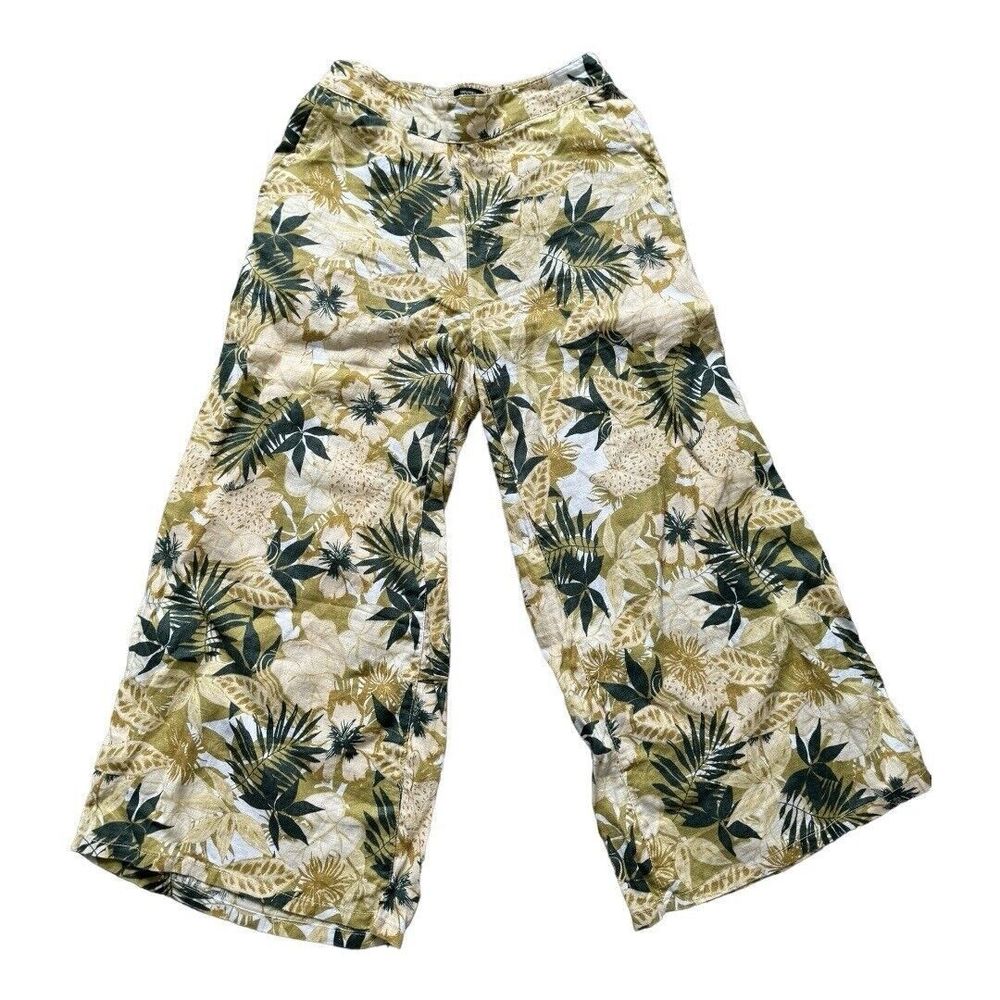 Tahari Women's 100% Linen Cropped Pull On Tan Palm Leaves Wide Leg Pants Small‎